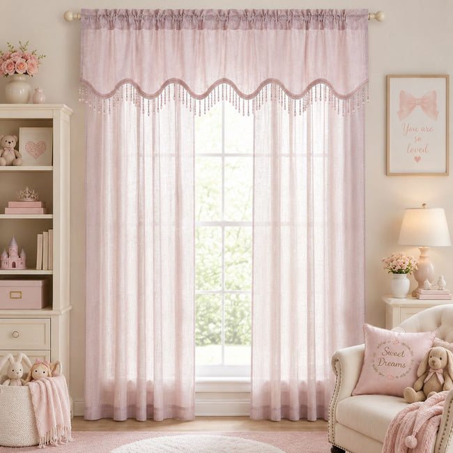 Kate Aurora Gina Complete 4 Piece Rose Pink Metallic Sheer Window Curtains & Beaded Valances Set