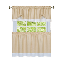 Kate Aurora Flax Styled Semi Sheer 3 Piece Tie-Up Kitchen Curtain Tier & Valance Set - 58 in. W x 24 in. L, Tan/White