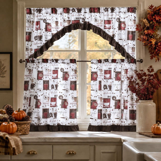 GoodGram Complete 3 Piece Rod Pocket Cafe Tier & Swag Valance "Coffee Shoppe" Kitchen Curtain Set