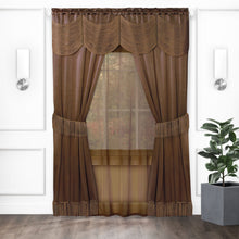 Kate Aurora Satin Chic Complete Attached Window Curtain, Tiebacks & Valance Set - 84 in. Long - Chocolate