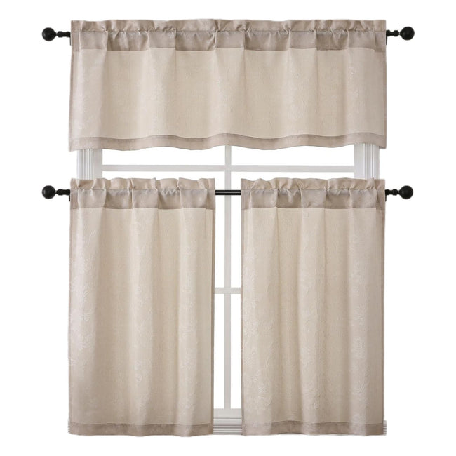 Kate Aurora 3 Piece Rod Pocket Orly Jacquard Floral Kitchen Curtain Tier & Valance Set - Beige