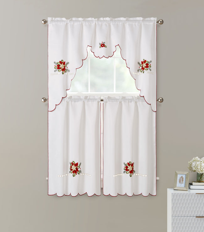Kate Aurora Holiday Collection Rod Pocket Embroidered Poinsettia Christmas 3 Pc Cafe Kitchen Curtain Tier & Valance Set