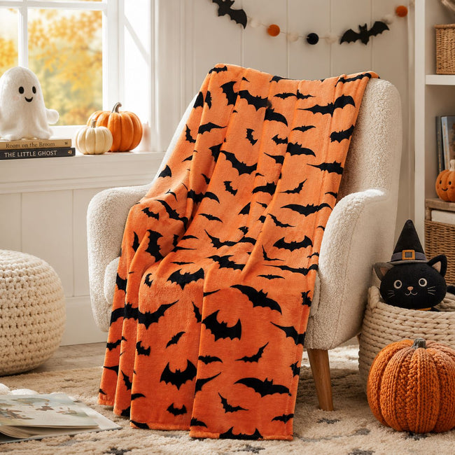 Kate Aurora Halloween Spooky Bats Pumpkin Orange & Black Ultra Soft & Plush Oversized Accent Throw Blanket - 50 in. W x 70 in