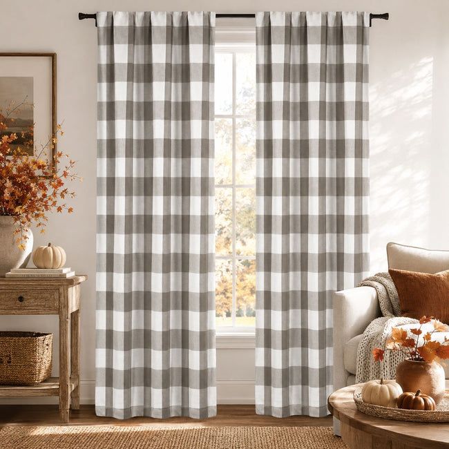Kate Aurora 2 Piece Country Farmhouse Gray Buffalo Plaid Pleated Rod Pocket Window Curtain Panels