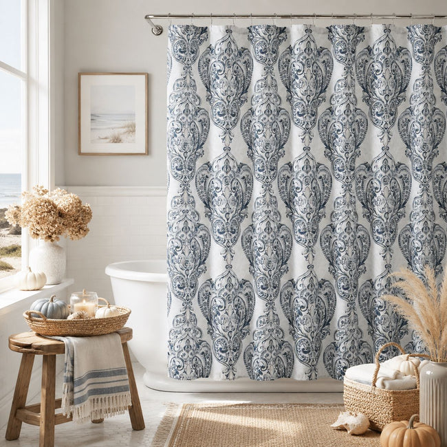 Kate Aurora Home Navy & Purple Damask Fabric Shower Curtain With 12 Metal Hooks