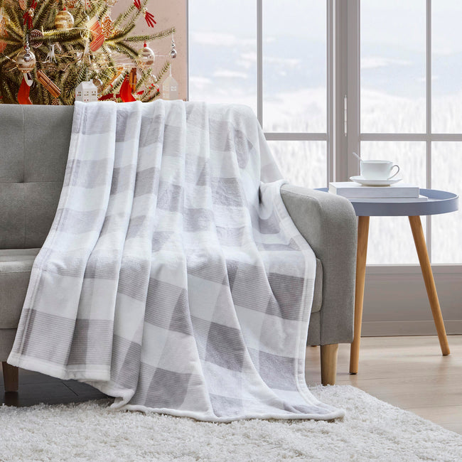 Kate Aurora Oversized Gray & White Plaid Farmhouse Accent Throw Blanket - 50"x70"