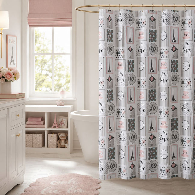 Kate Aurora Chic Bonjour XOXO Parisian Eiffel Tower Mold & Mildew Resistant Fabric Shower Curtain
