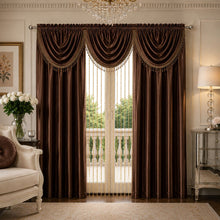 Kate Aurora 6 Piece Maison Estate Collection Semi Sheer Window Curtains & Beaded Valance Set - Chocolate