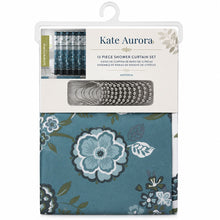 Kate Aurora Home Antonia Blue Floral Medallion 13 Piece Fabric Shower Curtain & Hooks Set