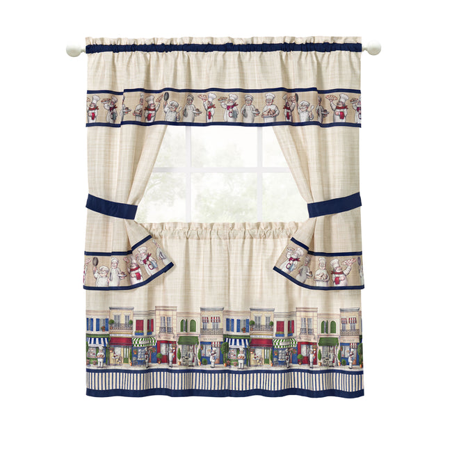 Kate Aurora Bon Appetite French Chef 5 Piece Rod Pocket Cafe Kitchen Curtain Tier & Swag Set - 24 in. Long