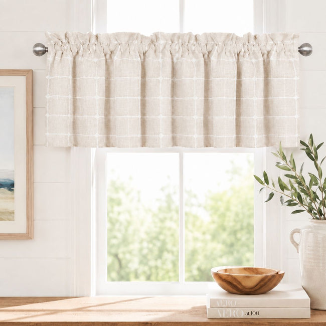 Kate Aurora Country Farmhouse Beige Buffalo Plaid Rod Pocket Window Valance - 52 in. W x 15 in. L
