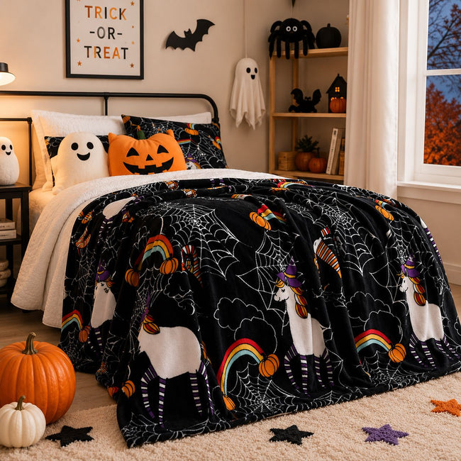 Kate Aurora Trick or Treat Halloween Unicorns, Pumpkins & Spider Webs Ultra Soft & Plush Accent Throw Blanket - 50 in. W x 60
