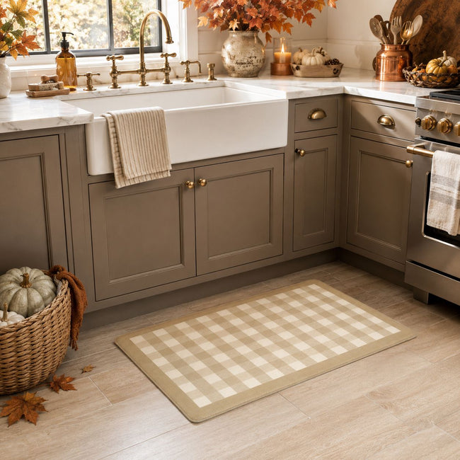 Kate Aurora Linen & White Buffalo Plaid Memory Foam Anti-Fatigue Kitchen Floor Mat 30 In. W X 18 In. L