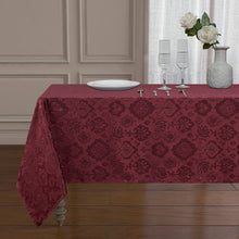 Kate Aurora Regency Collection Raised Jacquard Damask Fabric Tablecloth - 54 in. W x 104 in. L (8-10 Chairs), Burgundy Red