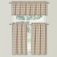 Kate Aurora Country Farmhouse Plaid Checkered Gingham 3 Pc Kitchen Curtain Tier & Valance Set - 58 in. W x 36 in. L, Toast