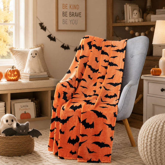 Kate Aurora Halloween Spooky Bats Rustic Orange & Black Ultra Soft & Plush Throw Blanket - 50 in. W x 70 in. L