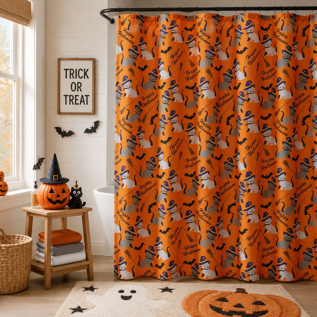 Kate Aurora Halloween Accents Kitty Witches & Broomsticks Festive Orange Fabric Shower Curtain - Standard Size