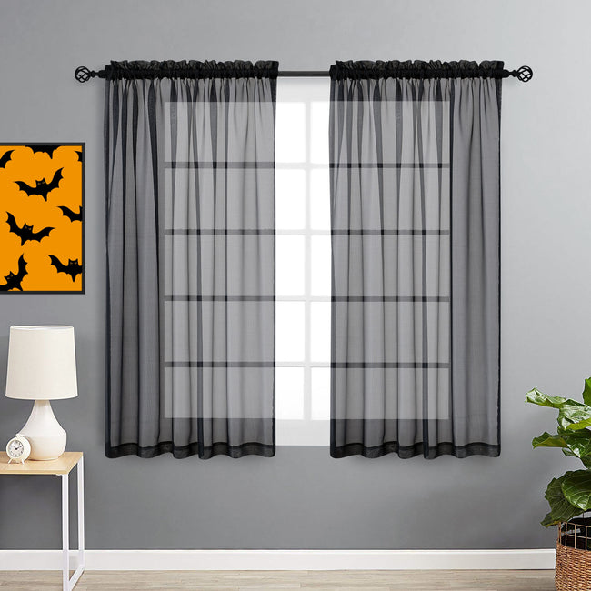 Goodgram 2 Piece Spooky Halloween Decor Ghoul Black Colored Rod Pocket Sheer Voile Window Curtains - 63 In. Long