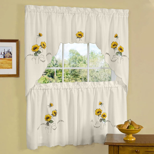 Kate Aurora 3 Piece Light Beige Country Farmhouse Sunflowers Kitchen Curtain Tier And Valance Set - 58 in. W x 24 in. L