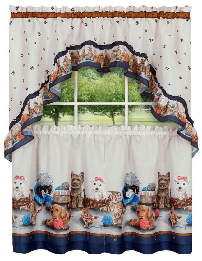 GoodGram Adorable Puppies & Kittens Kitchen Curtain Tier & Swag Set - 58 in. W x 24 in. L