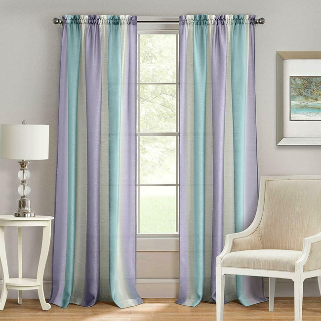 Kate Aurora 2 Pack Rainbow Striped Rod Pocket Semi Sheer Linen Window Curtains - 50 in. W x 84 in. L, Lilac/Turquoise