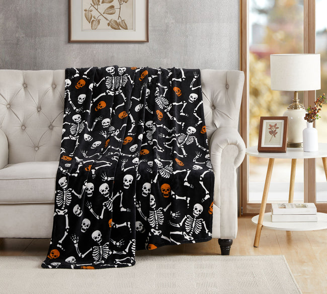 Kate Aurora Ultra Soft & Plush Oversized Orange & Black Halloween Spooky Skeletons Accent Throw Blanket - 50 In. W X 70 In. L