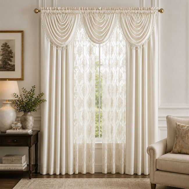 Kate Aurora 7 Piece Hampton Elegance Sheer Curtain Panels & Beaded Valances Set - Beige Beige