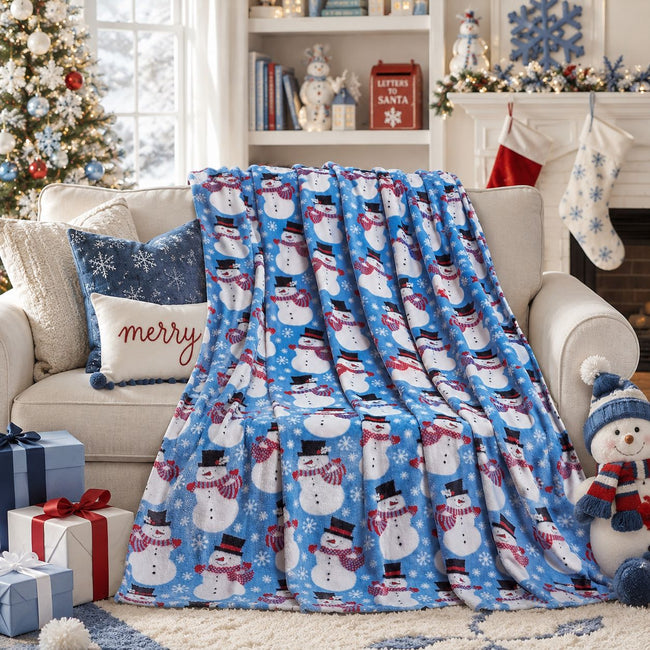 Kate Aurora Winter Blues Christmas Snowman Ultra Soft And Plush Throw Blanket - 50 in. W x 60 in. L