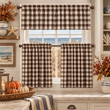 Kate Aurora 3 Piece Brown Buffalo Plaid Country Farmhouse Kitchen Curtain Tier & Valance Set