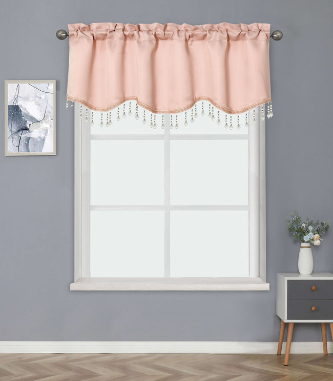 Kate Aurora Luxurious Solid Colored Scalloped Rod Pocket Window Valance With Crystal Beaded Trim - Rose
