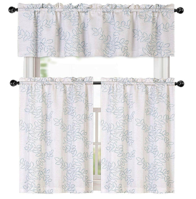 Kate Aurora Brielle Embroidered Linen Kitchen Curtain Tier & Valance Set - 56 in. W x 15 in. L, Aqua