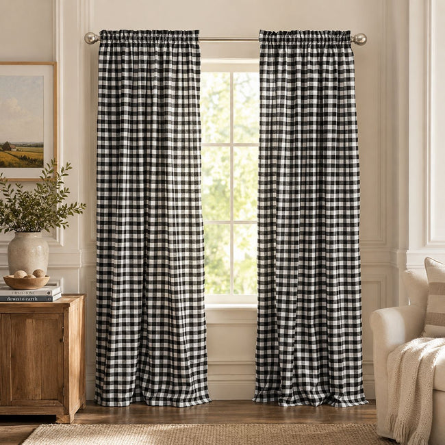 Kate Aurora Country Farmhouse Buffalo Check Plaid Gingham Single Window Curtain - 42 in. W x 63 in. L, Black