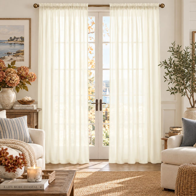 Kate Aurora Beige 2 Piece Ultra Lux Rod Pocket Sheer Curtain Panels For Extra Long Windows - 95 in. Long