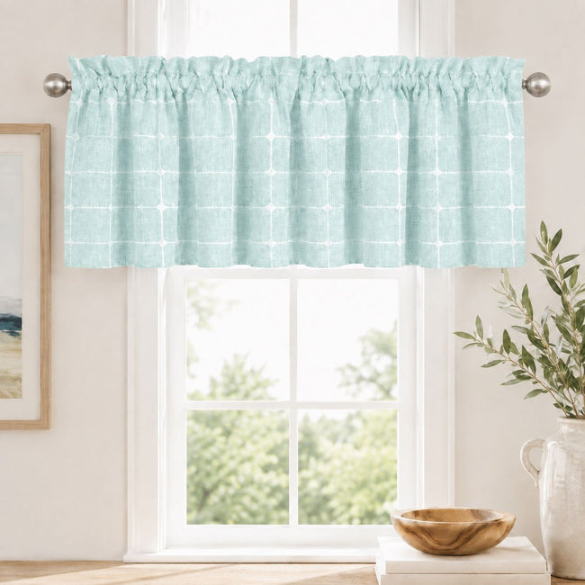 Kate Aurora Country Farmhouse Aqua Buffalo Plaid Rod Pocket Window Valance - 52 in. W x 15 in. L