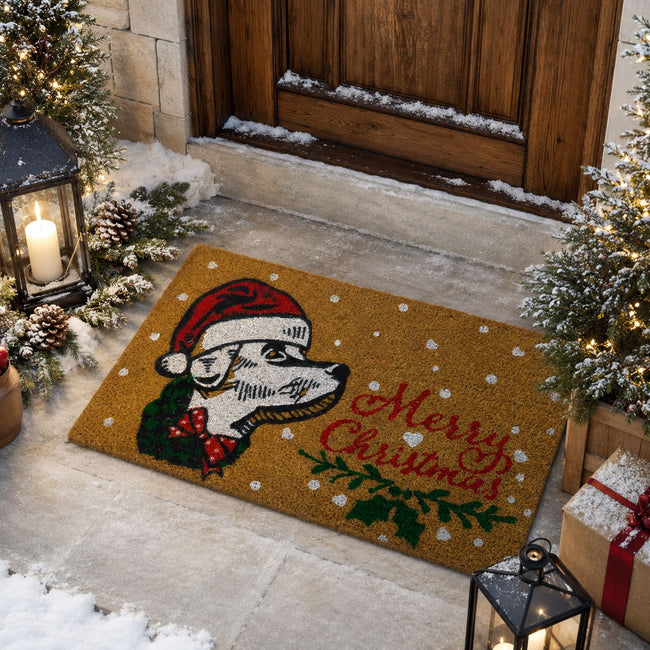 Kate Aurora Christmas Santa Golden Retriever Bristled Outdoor Welcome Mat - 18"x30"