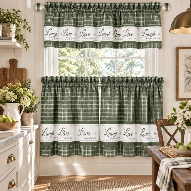 Kate Aurora Country Farmhouse Gingham Plaid Check Live~Laugh~Love 3 Pc Kitchen Curtain Set - 56 in. W x 24 in. L, Green