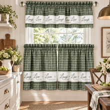 Kate Aurora Country Farmhouse Gingham Plaid Check Live~Laugh~Love 3 Pc Kitchen Curtain Set - 56 in. W x 24 in. L, Green