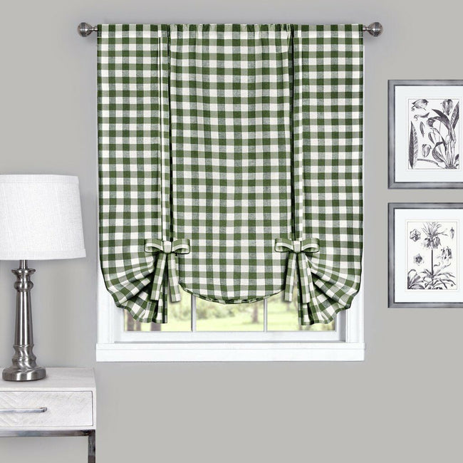 GoodGram Buffalo Check Plaid Gingham Tie Up Window Single Curtain Shade - 42 in. W x 63 in. L, Sage