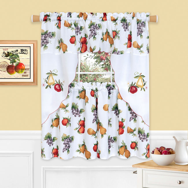 Kate Aurora Embroidered Fruit Medley 3 Piece Cafe Rod Pocket Kitchen Curtain And Valance Set - 24 in. Long