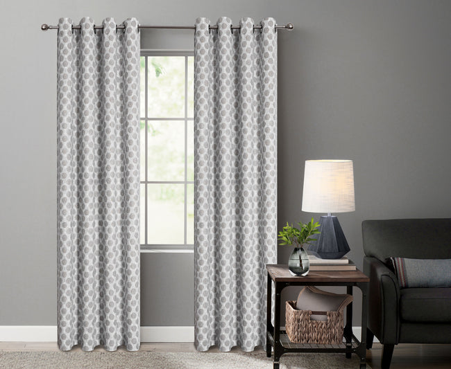 Kate Aurora 2 Piece Contemporary Chic Metallic Abstract Circles Light Filtering Grommet Top Curtains - White