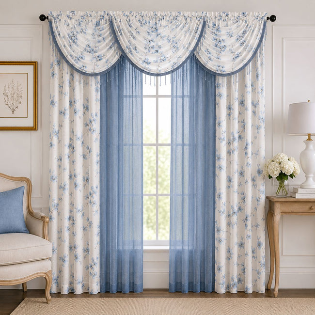 Kate Aurora 7 Piece Carly Blue Floral Rod Pocket Curtains Panels & Beaded Valances Set