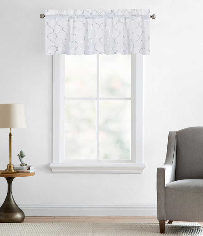 Kate Aurora Living Metallic Foil Lattice Quatrefoil White & Silver Window Valance