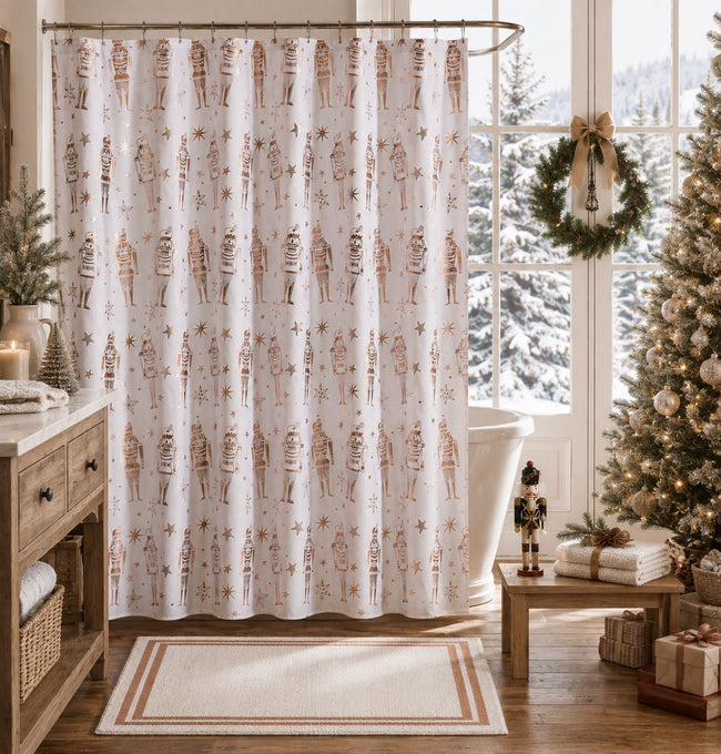 Kate Aurora Tis The Season Dusty Rose Metallic Christmas Toy Soldiers & Nutcrackers Fabric Shower Curtain - Standard Size