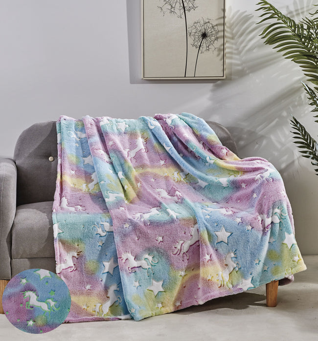 GoodGram Glow In The Dark Blue Unicorns & Stars Ultra Plush Juvi Fleece Accent Throw Blanket - 50 In. X 60 In.