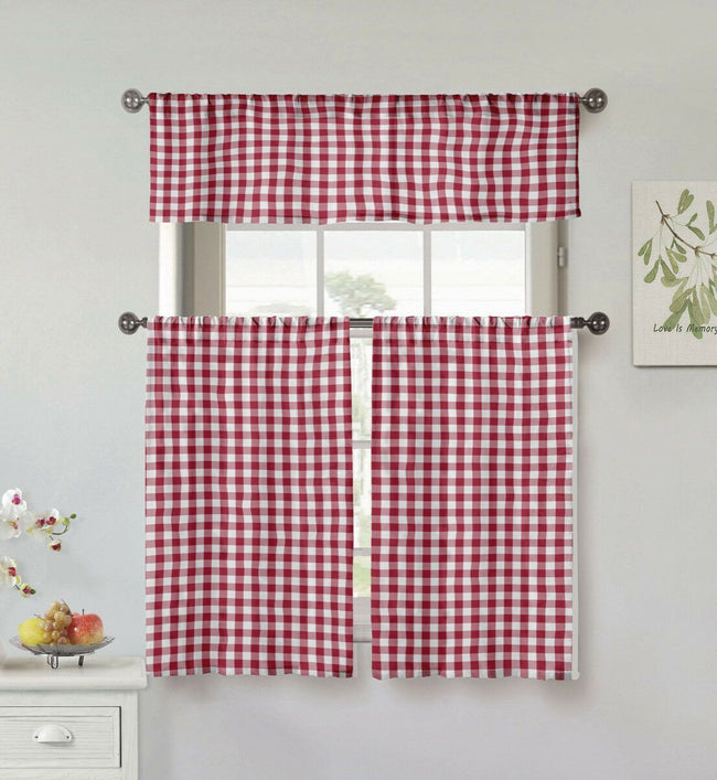 GoodGram Country Accents Burgundy Plaid Buffalo Check Kitchen Curtain Tier & Valance Set