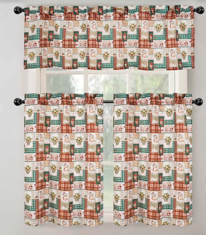 Kate Aurora Country Farmhouse Autumn Harvest Plaid Sunflowers & Pumpkins Rod Pocket Cafe Kitchen Curtain Tier & Valance Set