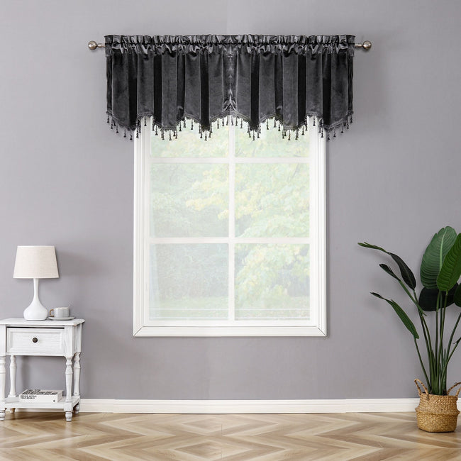 Kate Aurora Royal Living 2 Pack Beaded Tassel Trimmed Rod Pocket Velvet Window Valances - Gray