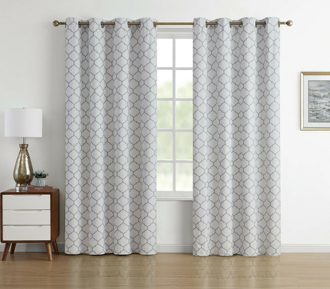 Kate Aurora Chic Living 100% Max Blackout Trellis Clover Thermal Curtains - 52 in. W x 63 in. L, White