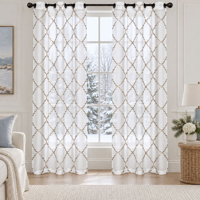 Kate Aurora Lux Home 2 Pack Shabby Trellis Semi Sheer Embroidered Clover Grommet Top Curtains - 38 in. W x 84 in. L, Linen