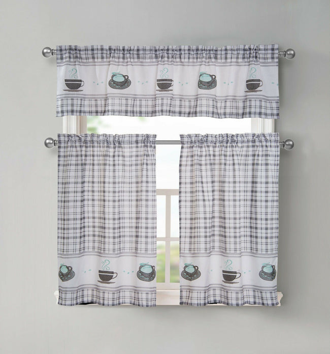 GoodGram Plaid Coffee Time 3 Pc Cafe Kitchen Curtain Tier & Valance Set - 56 in. W x 36 in. L, Gray